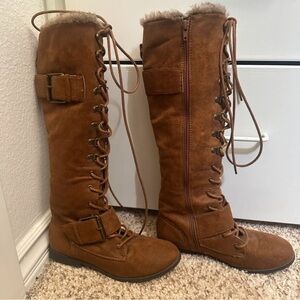 JustFab Brown Lace-Up Boots with Buckle Detail